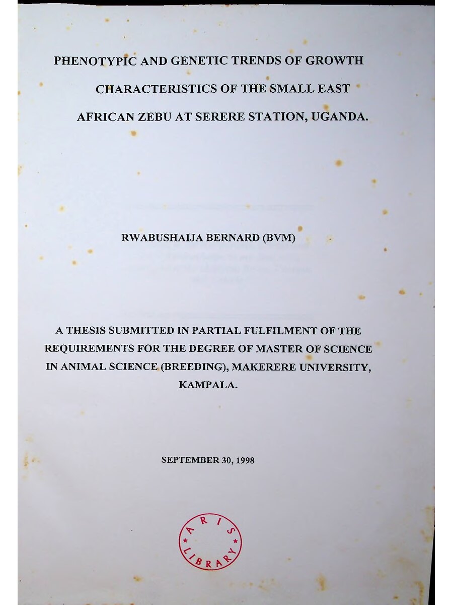 First page of Phenotypic and Genetic Trends of Growth Characteristics of the Small East African Zebu at Serere Station, Uganda