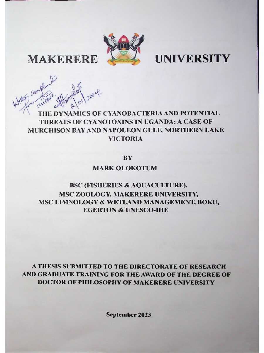 First page of The Dynamics of Cyanobacteria and Potential Threats of Cyanotoxins in Uganda: A Case of Murchison Bay and Napoleon Gulf, Northern Lake Victoria