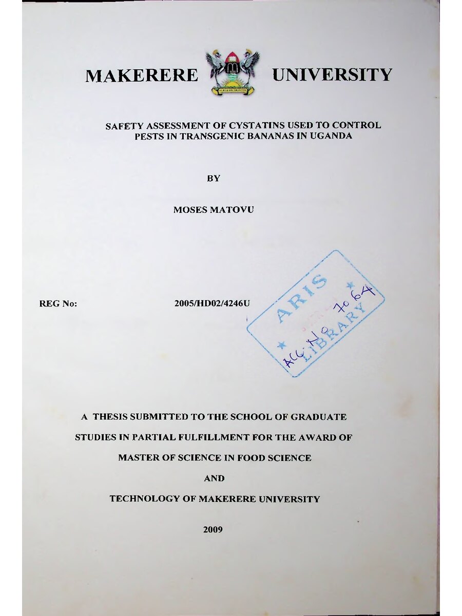 First page of Safety Assessment of Cystatins used to Control Pests in Transgenic Bananas in Uganda