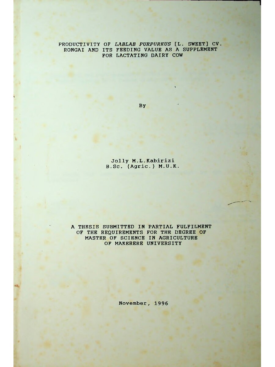 First page of Productivity of Lablab Purpureus [L. SWEET] CV, Rongai and its Feeding Value as a Supplement For Lactating Dairy Cow