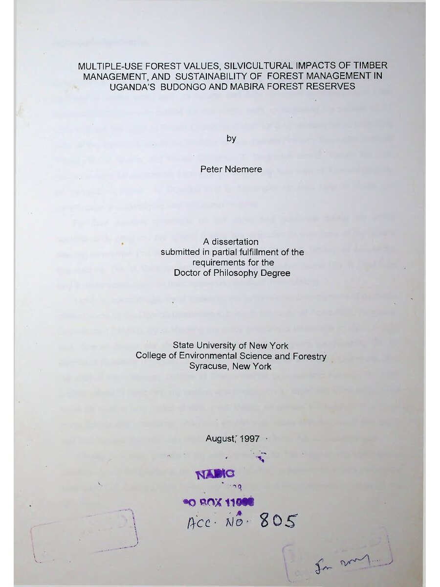 First page of Multi-Use Forest Values, Silivicultural Impacts of Timber Management and Sustainability of Forest Management in Uganda's Budongo and Mabira Forest Reserves