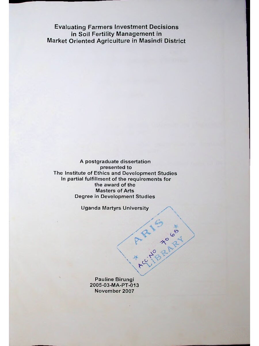 First page of Evaluating Farmers Investment Decisions in Soil Fertility Management in Market Oriented Agriculture in Masindi District