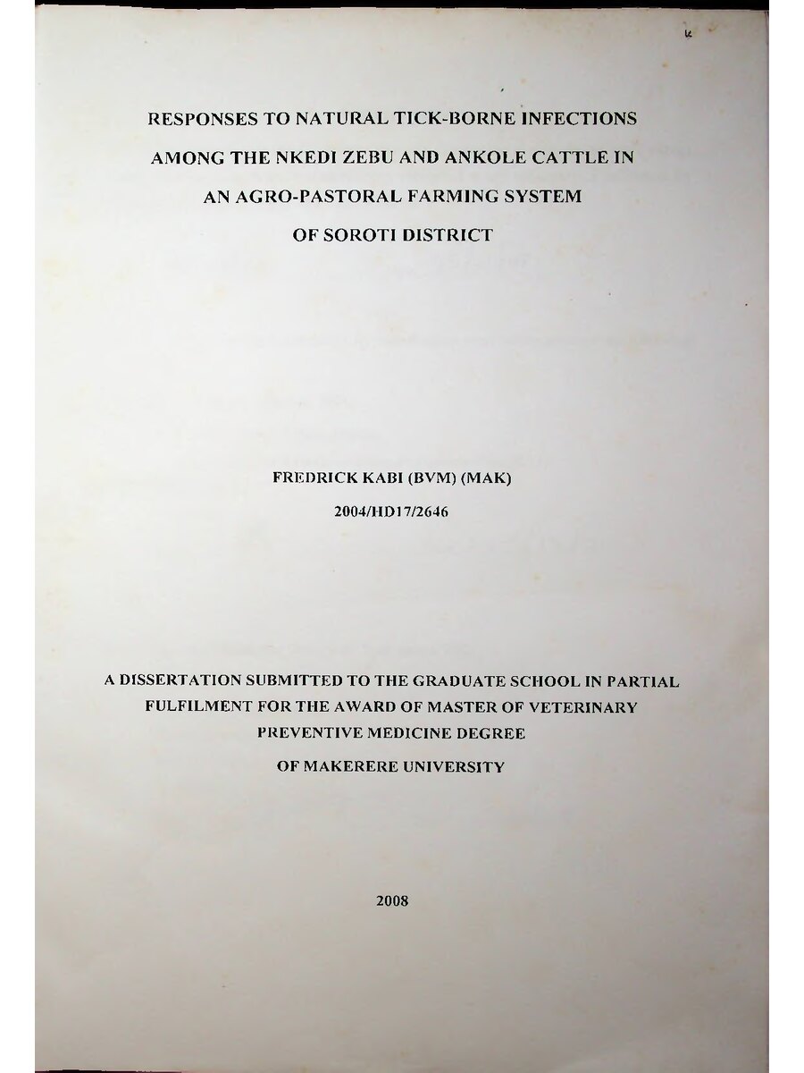 First page of Responses to Natural Tick-Borne Infections among the Nkedi Zebu and Ankole Cattle in an Agro-Pastoral Farming System of Soroti District