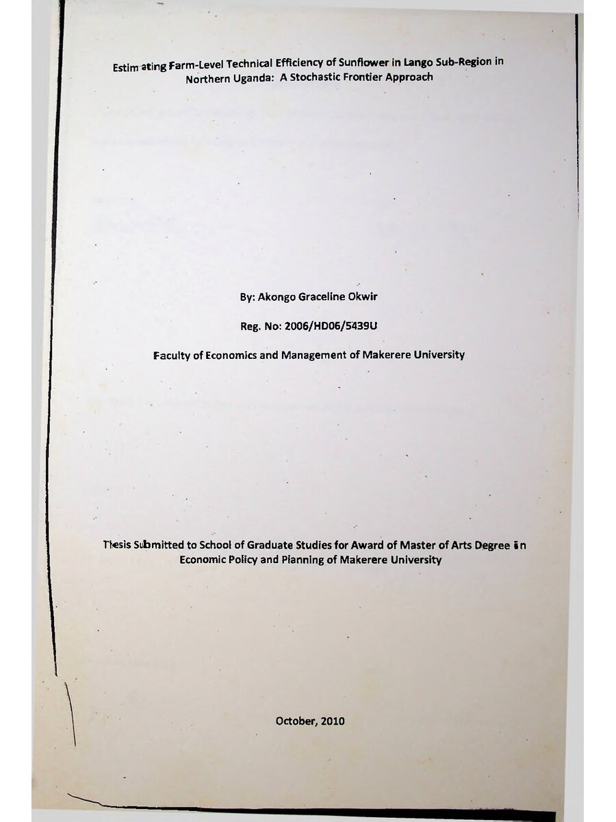 First page of Estimating Farm-Level Technical Efficiency of Sunflower in Lango Sub-Region in  Northern Uganda: A Stochastic Frontier Approach