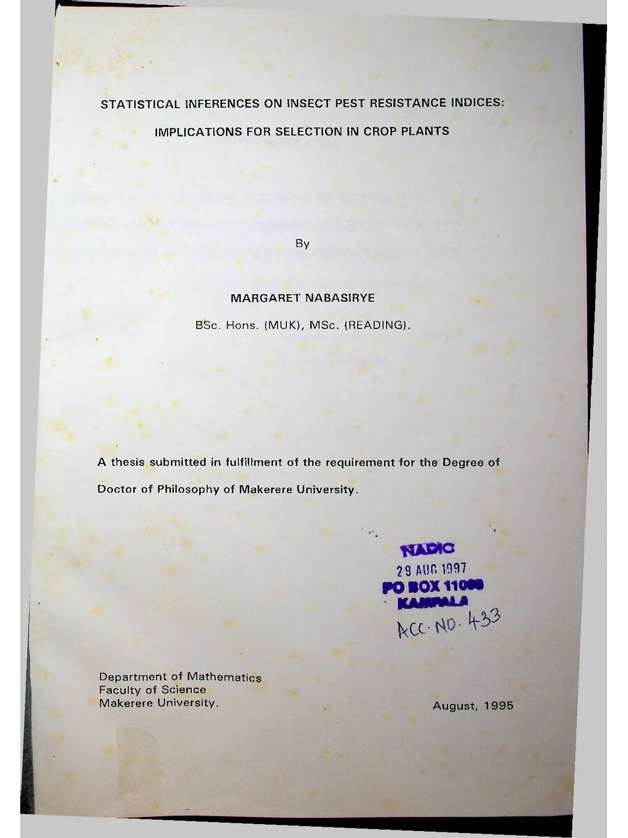 First page of Statistical Inferences on Insect Pest Resistance Indices: Implications for Selection in Crop Plants