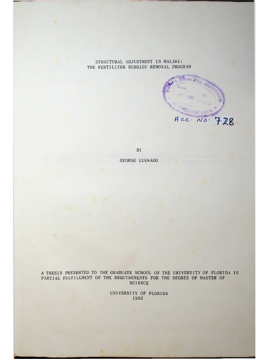 First page of Structural Adjustment in Malawi: The Fertilizer Subsidy Removal Program
