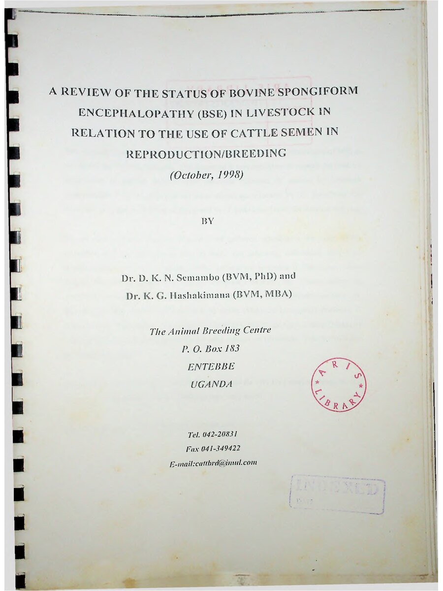 First page of A Review of the Status of Bovine Spongiform Encephalopathy in Livestock in Relation to the Use of Cattle Semen in Production Breeding