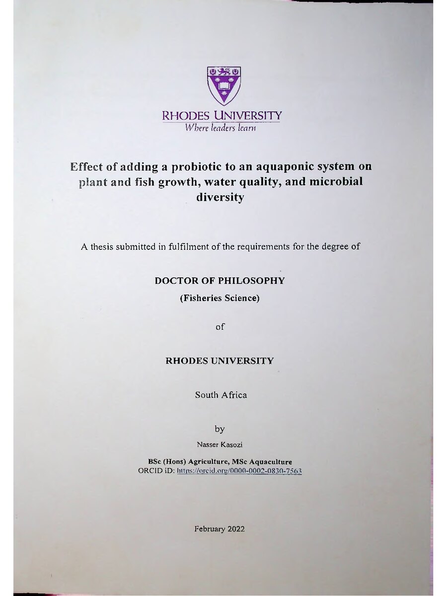 First page of Effect of Adding a Probiotic to an Aquaponic System on Plant and Fish Grwoth, Water Quality and Micro Diversity