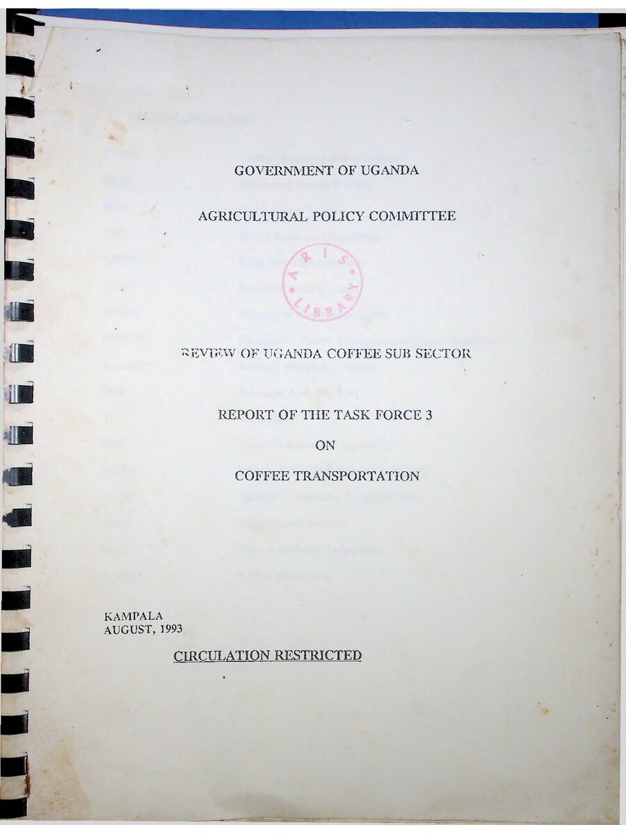 First page of Review of Uganda Coffee Sub Sector Report of the Task Force 3 on Coffee Transportation