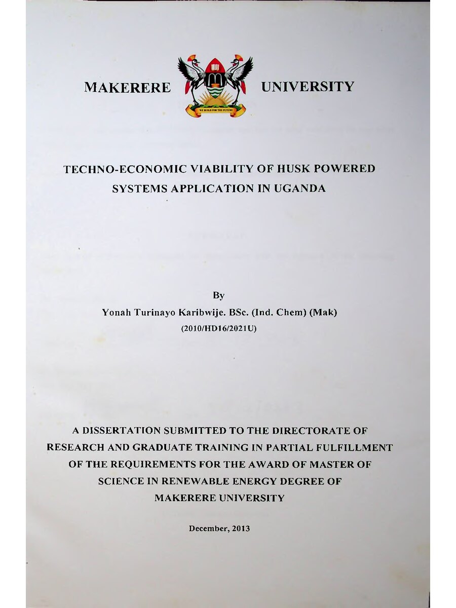 First page of Techno-Economic Viability of Husk Powered Systems Application in Uganda