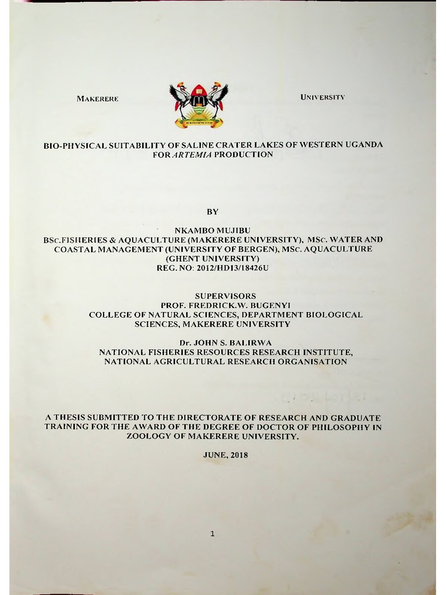 First page of Bio-Physical Suitability of Saline Crater Lakes of Western Uganda for Artemia Production