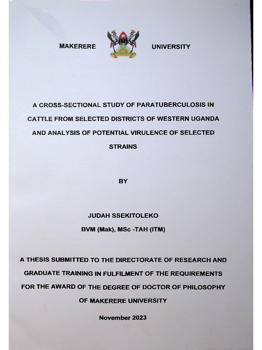 First page of A Cross-Sectional Study of Paratuberculosis in Cattle from Selected Districts of Western Uanda and Analysis of Potential Virulence of Selected Strains