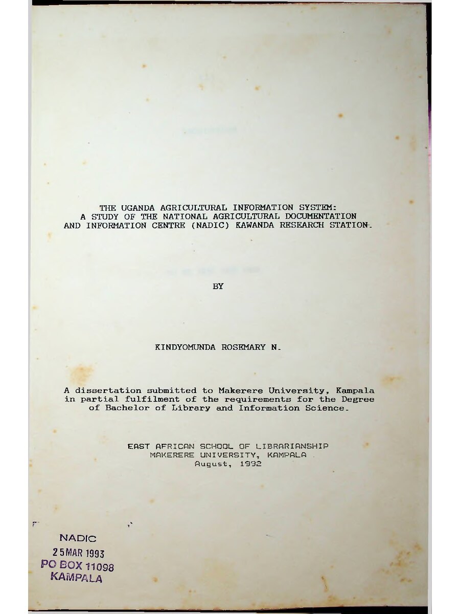 First page of The Uganda Agricultural Information System: A Study of the National Agricultural Documentation and Information Centre (NADIC) Kawanda Research Station