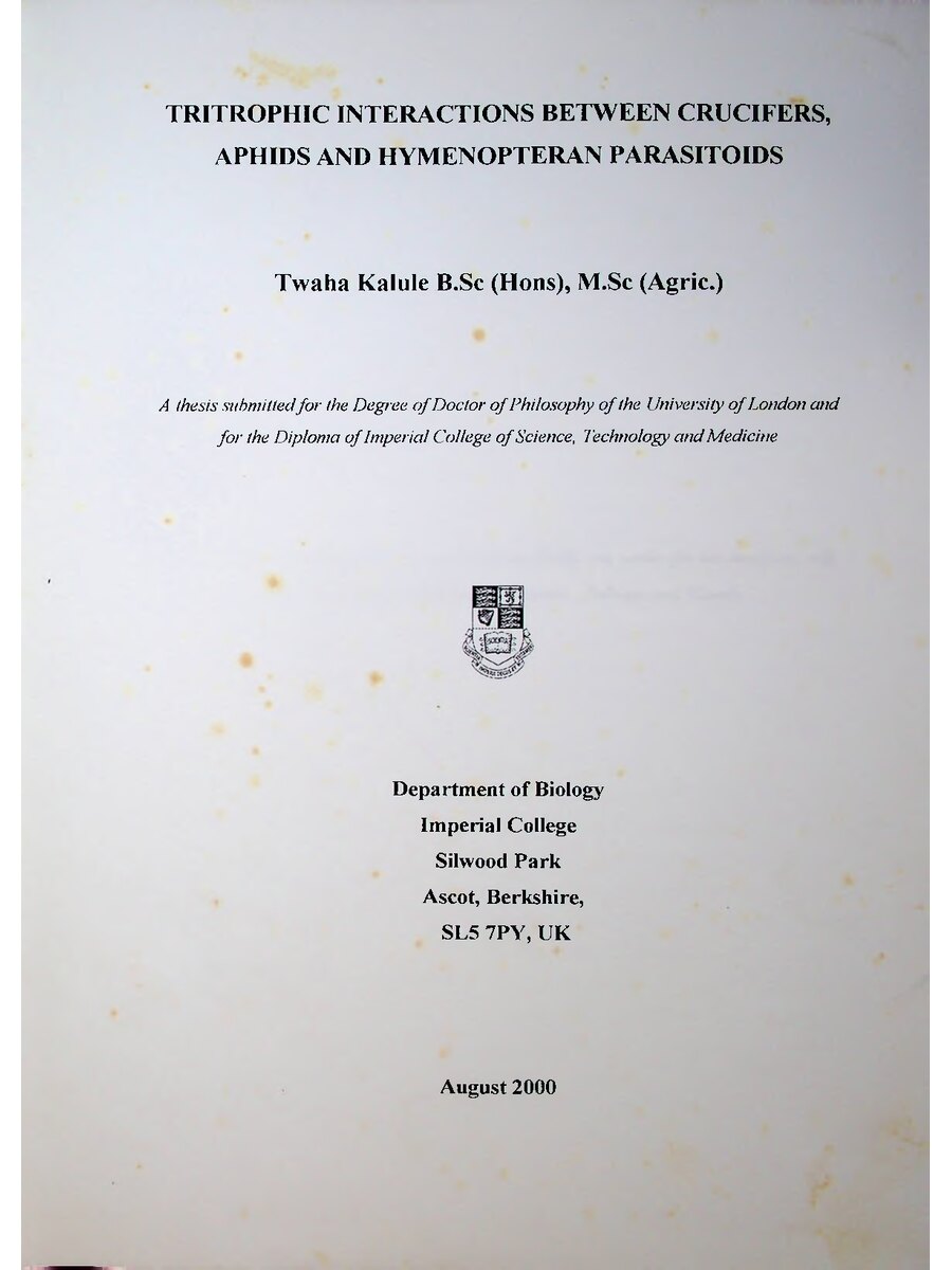 First page of Tritrophic Interactions Between Crucifers, Aphids and Hymenopteran Parasitoids