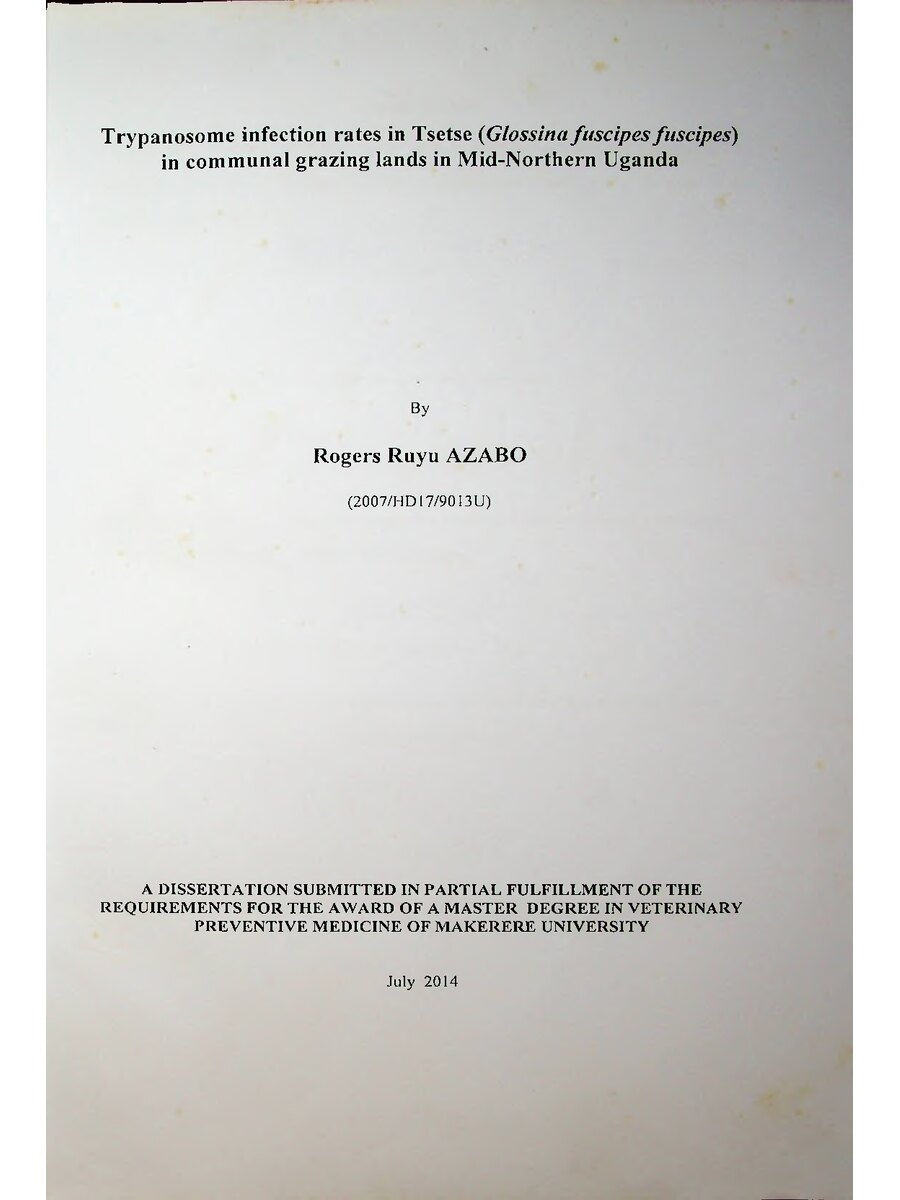 First page of Trypanosome Infection Rates in Tsetse (Glossina fuscipes fuscipes) in Communal Grazing Lands in Mid-Northern Uganda