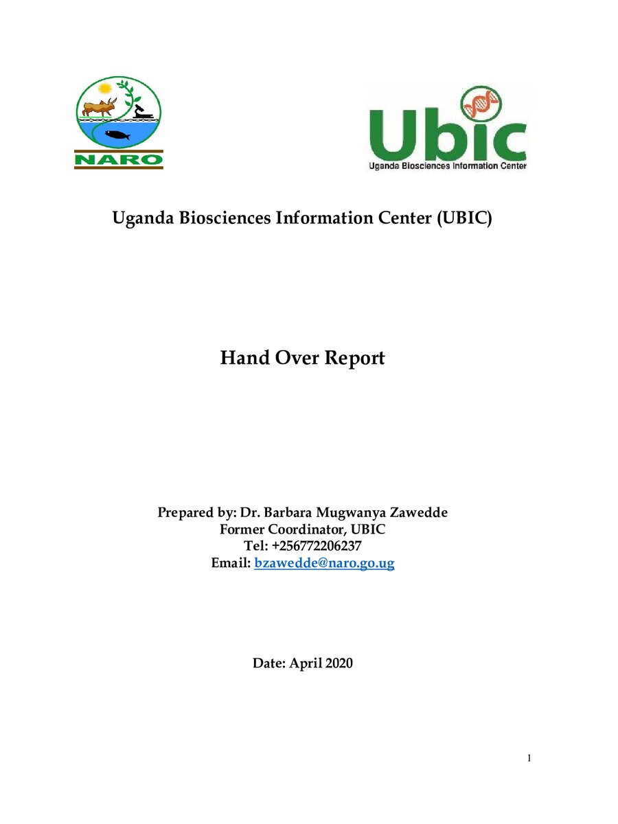 First page of Uganda Biosciences Information Center (UBIC): Hand Over Report
