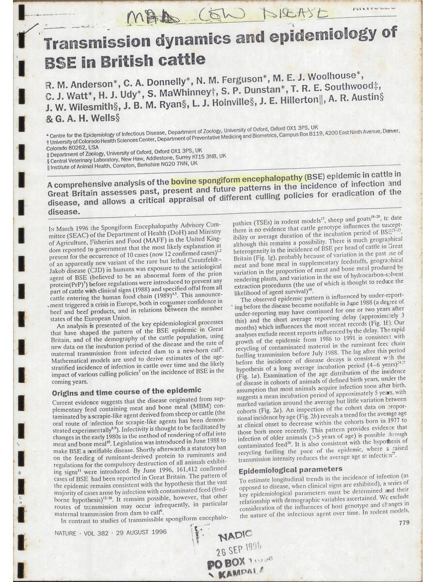 First page of Transmission Dyanamics and Epidemiology of BSE in British Cattle
