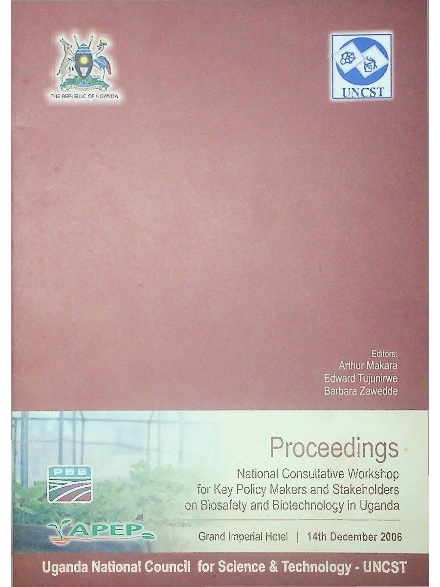 First page of Proceedings: National Consultative Workshop for key Policy Makers and Stakeholders on Biosafety and Biotechnology in Uganda