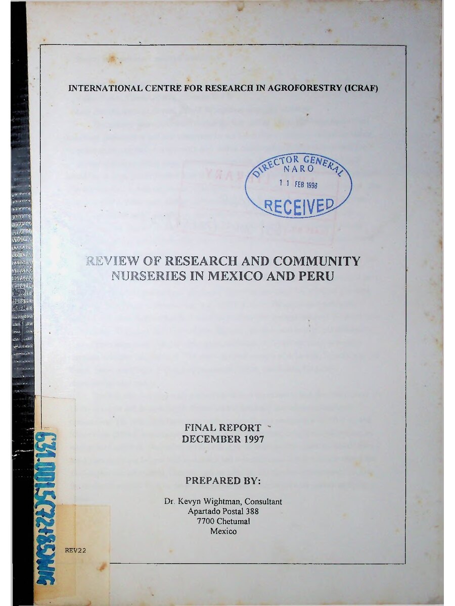 First page of ICRAF: Review of Research and Community Nurseries in Mexico and Peru Final Report December 1997