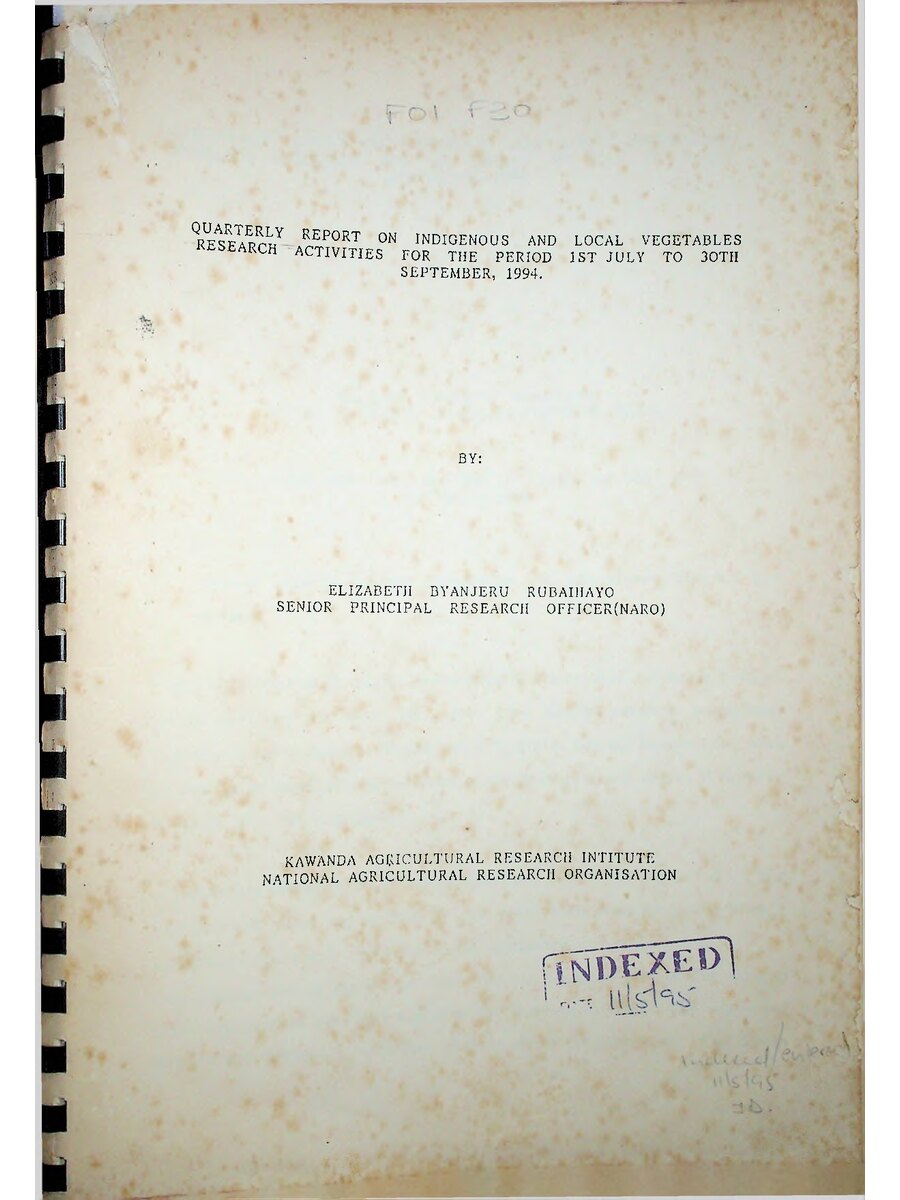 First page of Quarterly Report on Indigenous and Local Vegetables Research Activities for the Period 1st July to 30th September,  1994