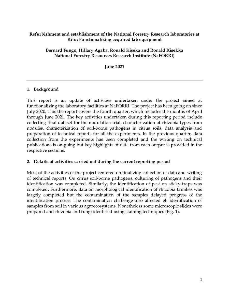 First page of Refurbishment and Establishment of the National Forestry Research Laboratories at Kifu: Functionalizing Acquired Lab Equipment