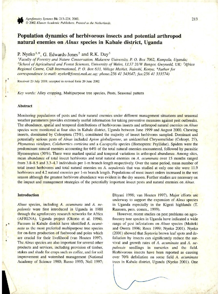 First page of Population Dynamics of Herbivorous Insects and Potential Arthropod Natural Enemies on Alnus Species in Kabale District, Uganda
